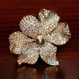 Vintage Multicolor Rhinestones Pave Big Brooch Pin Golden Tone Flower